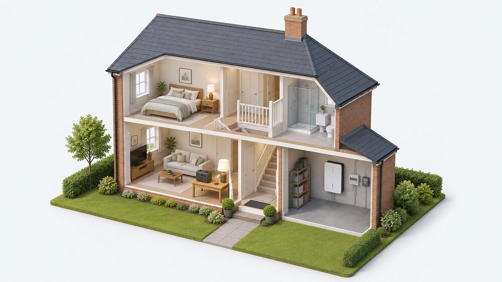 A cutaway of a small UK house showing a wall-mounted home battery backup unit in the garage and a portable power station on a table in the living room with a lamp and a phone plugged into it, all on the household side of the electricity meter.