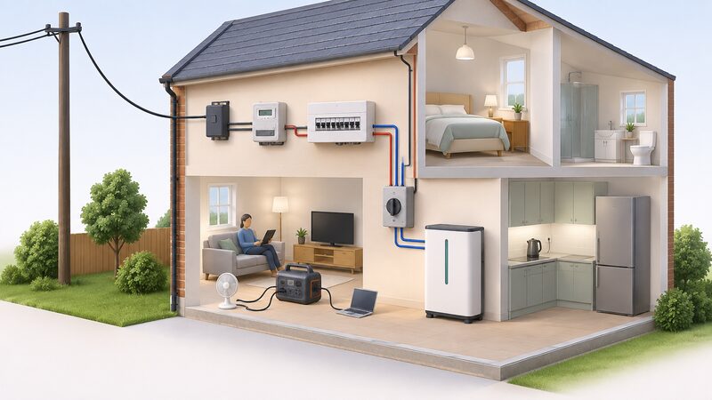 A simplified cutaway diagram of a UK house showing the supply chain from network cable through cut-out, meter and consumer unit, with a portable power station on the floor powering plugged-in appliances directly and a home battery wired through a changeover device to selected circuits.