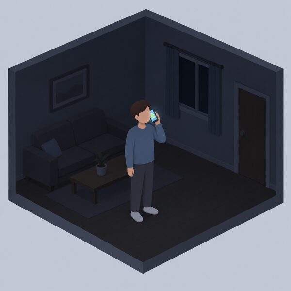 A simplified figure stands indoors holding a charged mobile phone to their ear, making a call to report a power cut, with a darkened unlit room around them suggesting the electricity is off.