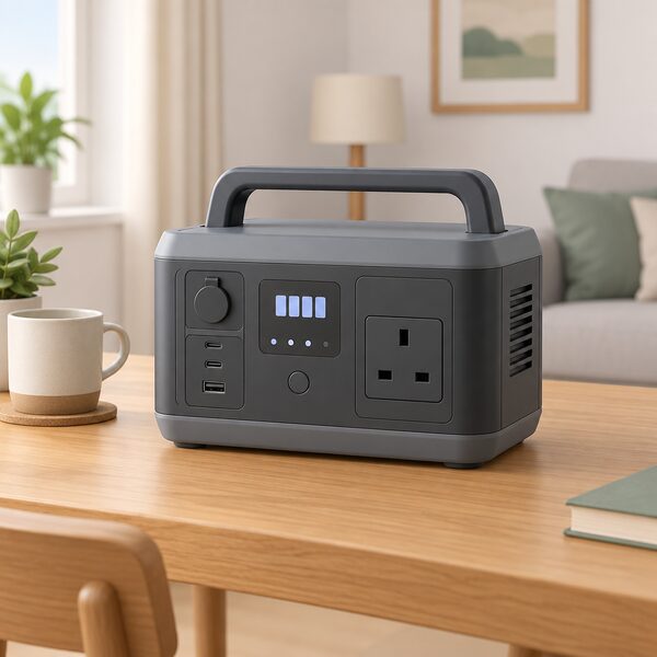 A plain unbranded portable battery power station standing on a table in a UK home, shown as a simple box with a carry handle, a few blank socket panels and indicator blocks, with no logos or markings of any kind.