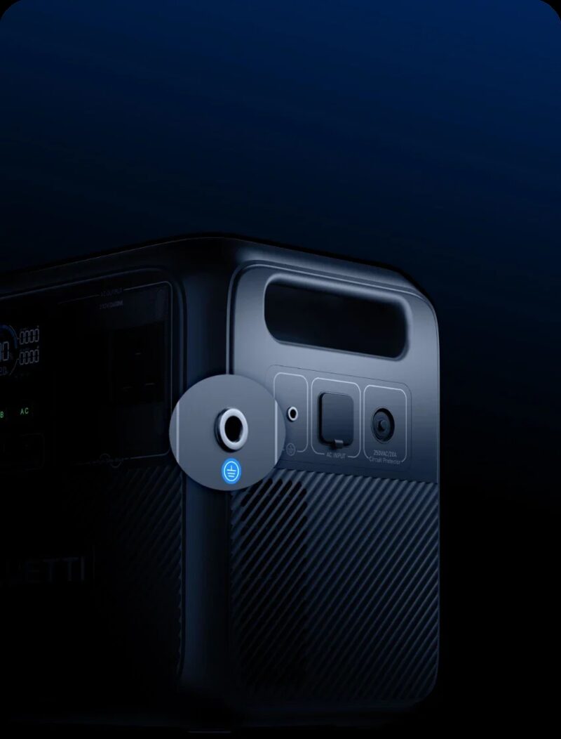 A dark product photo of a BLUETTI Elite 200 V2 portable power station showing its ports and handle