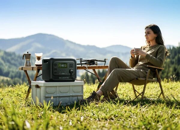 A woman relaxing in a camping chair outdoors next to a BLUETTI portable power station on a crate, with a drone and coffee gear on a table