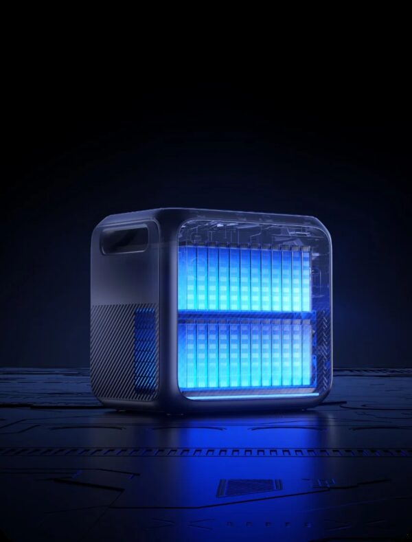 A BLUETTI Elite 200 V2 portable power station shown as a dark product render with glowing blue internal battery cells