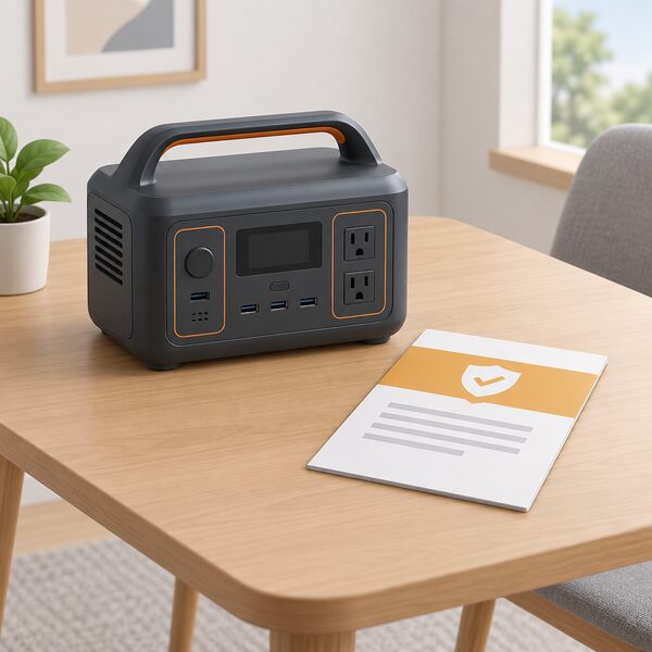 A printed warranty document lying on a table beside the portable power station, its cover showing a plain colour band and blank lines standing in for the five-year manufacturer's term, with no readable words or numbers.