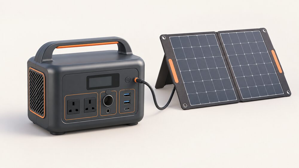 A close-up of a single portable power station standing on a flat surface, its AC sockets, DC carport and USB ports visible on the front, with a folded portable solar panel leaning beside it connected by a cable.