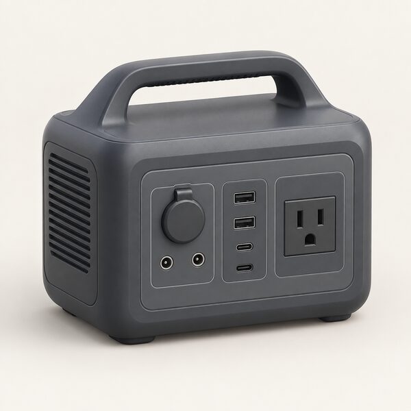A single generic portable power station shown as a plain boxed unit standing on a neutral surface, with a moulded carry handle on top and a row of output sockets and ports along its front face, drawn without any branding or markings.