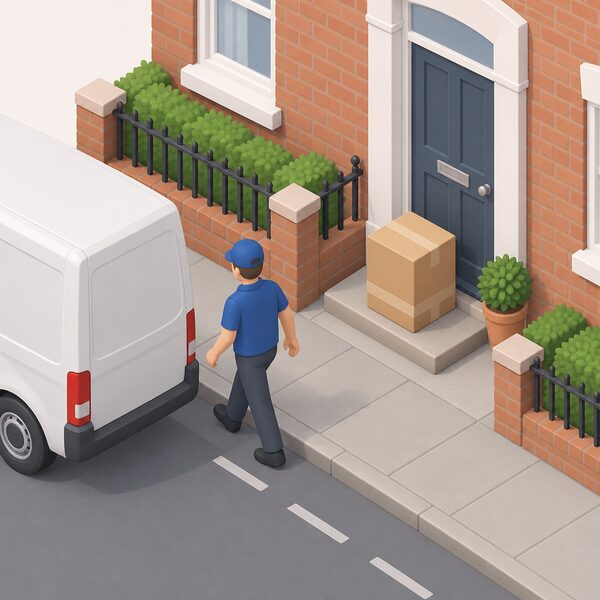 A large cardboard delivery box standing on the doorstep of a plain UK terraced house front door, with a simplified isometric delivery person in plain clothing stepping back toward a parked van, the sealed box showing only blank tape and plain colour bands with no readable markings.
