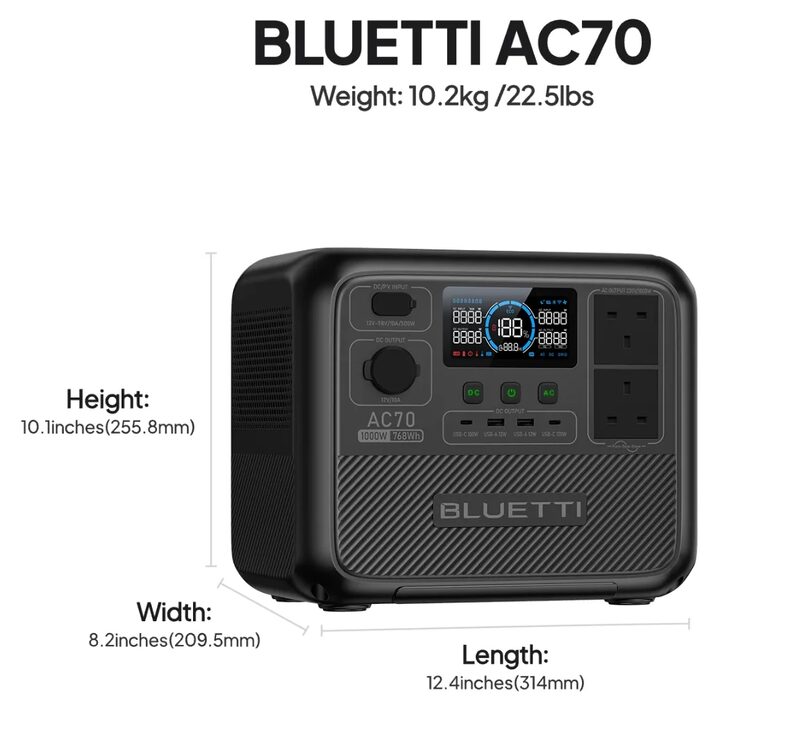 A Bluetti AC70 portable power station shown with dimension labels for height, width and length