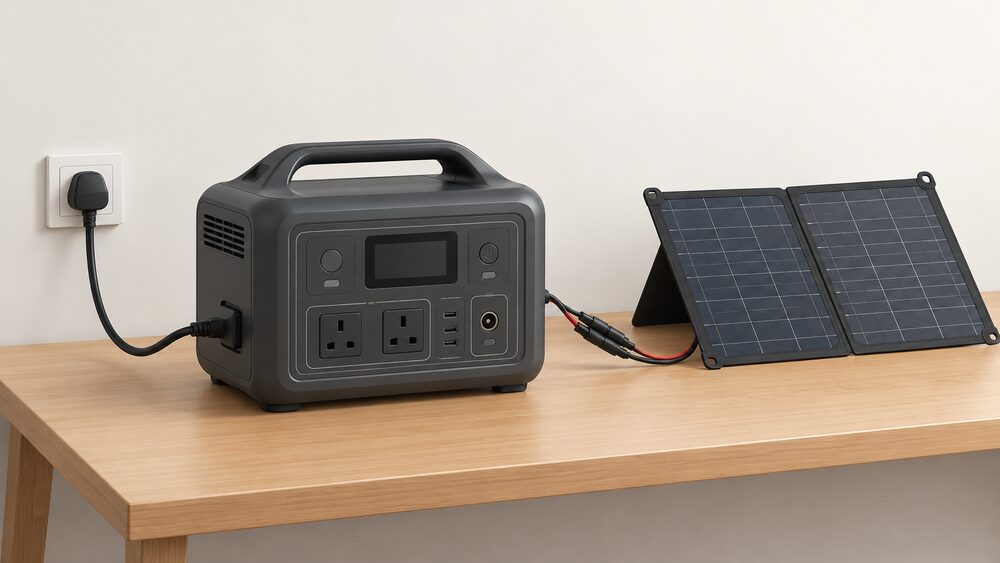 A large portable power station on a table, its AC charging lead running to a wall socket, with a folded portable solar panel connected by a cable lying beside it.