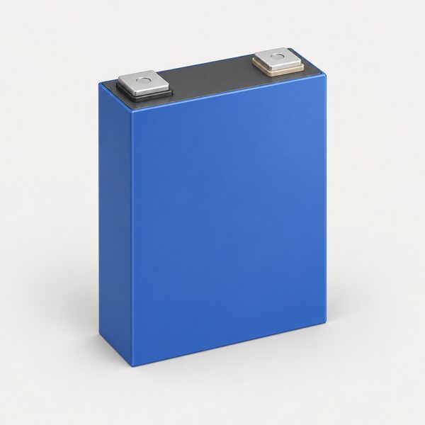 A single large prismatic lithium iron phosphate battery cell shown as a simple standalone object, a plain rectangular block with two terminal tabs on top, drawn cleanly against a neutral background with no casing, cables or other equipment around it.