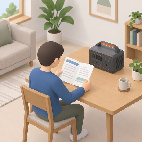 A folded warranty document lying on a table beside a portable power station, with a simplified isometric figure holding the paper open to check it, its content shown only as blank lines and plain colour bands with no readable words or numbers.