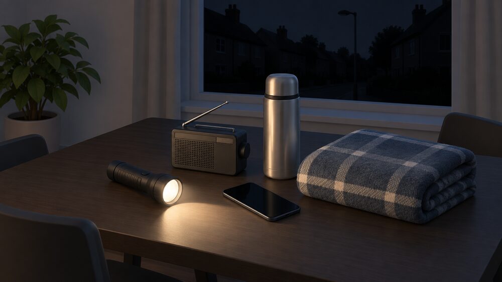 A dark kitchen table during a power cut holds a lit torch, a fully charged mobile phone with a blank screen, a battery radio, a thermos flask and a folded blanket, with a dark window behind showing the whole street in darkness.