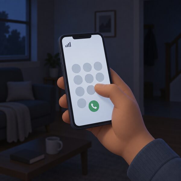 A close-up of a hand holding a mobile phone with a signal showing at the top of its blank screen, thumb poised over the keypad ready to dial, in a dim home interior during a power cut.