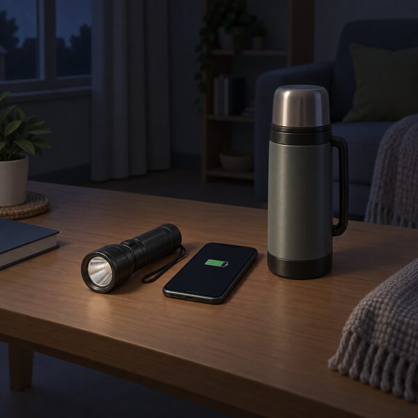A torch, a charged mobile phone and a thermos flask laid out together on a table in a dim home room, ready for use during a power cut.