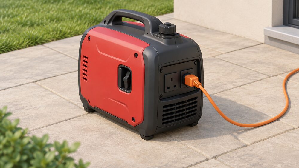 A portable petrol inverter generator standing on a garden patio, its casing and fuel tank in close view, with a 230V socket outlet on its panel and an extension lead running from it toward the house, nothing else in frame.