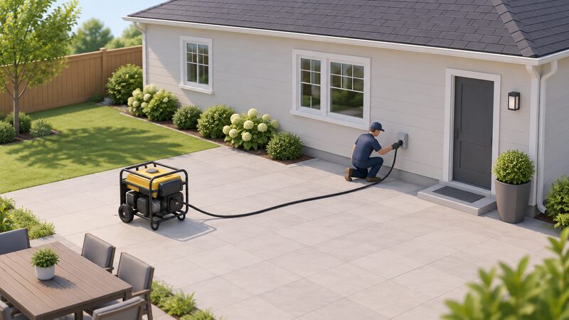 A small portable generator standing on a back patio well away from the house wall, with a qualified professional kneeling beside it running a heavy cable across the patio to a connection point on the exterior of the house, all doors and windows in view closed and distant.