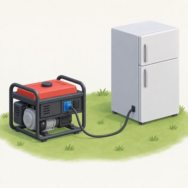 A small portable petrol generator standing outdoors on level ground, with a single insulated lead plugged into one of its sockets and run to a fridge or pump appliance nearby, showing a direct appliance connection rather than wiring into a house.