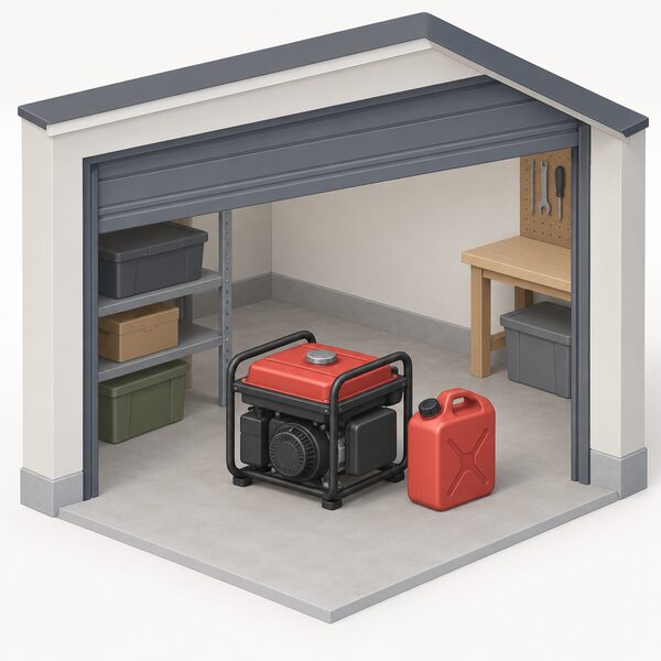 A garage interior with a portable petrol generator standing on the floor beside a closed fuel can, both stored together unused to show the household's dependence on stored fuel.