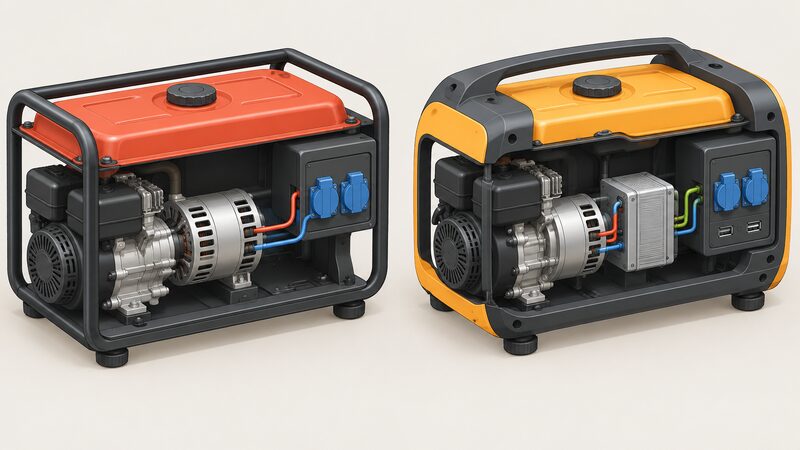 A side-by-side cutaway diagram of two portable petrol generators: a conventional set with alternator wired straight to its 230V sockets, and an inverter set with alternator feeding an inverter stage before its sockets and USB ports.