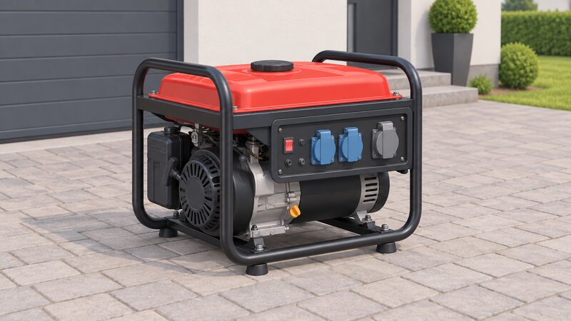 A small portable petrol generator standing on a paved driveway, shown at a slight angle so its fuel tank, engine and control panel with several socket outlets are clearly visible, with no connection to the house.