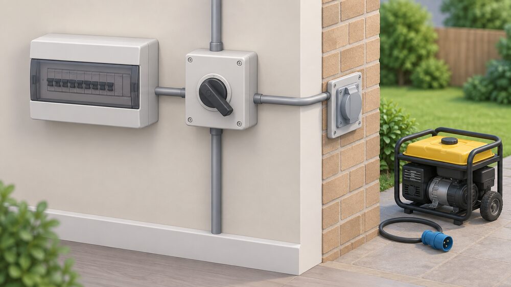 A close-up of a manual changeover switch mounted on an indoor wall beside the consumer unit, its fixed wiring running through the external wall to a flush-mounted inlet box outside, with a portable generator cable lying unplugged on the ground nearby.