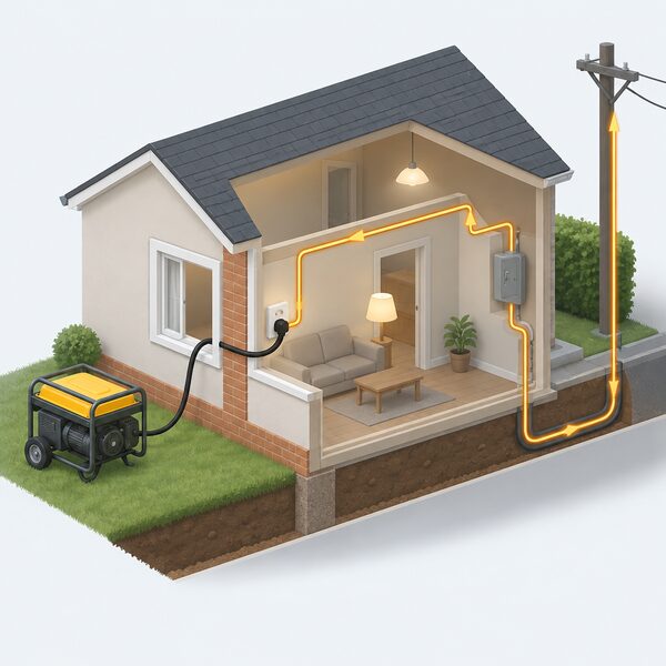 A portable generator standing outside a house wall with a flex running through a window to a domestic socket, plugged in, with a simplified cutaway showing current flowing from the socket into the fixed wiring and out along the service cable toward the network.