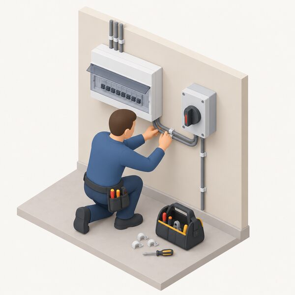 A qualified electrician in plain work clothing kneels beside a domestic consumer unit, fitting a changeover device next to it and running fixed wiring into the unit, with a small tool bag and cable clips nearby.