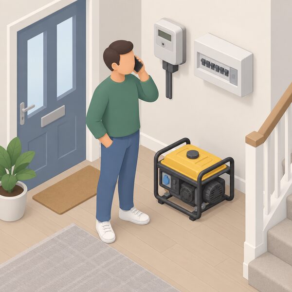 A householder standing in their hallway beside a small portable generator, holding a phone to their ear while a simplified wall-mounted electricity meter and consumer unit sit nearby, showing them contacting their local distribution network operator before connecting the generator.