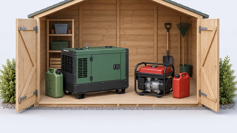 Inside a garden shed, a larger low-speed diesel generator and a smaller portable petrol generator stand side by side on the floor, with a diesel fuel can beside the diesel set and a petrol can beside the petrol set, both cans closed.