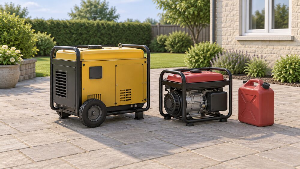 Two portable generators, a larger diesel set and a smaller petrol set, stand side by side on a paved patio outdoors, well away from the house's open windows, with a jerry can of fuel stored nearby.
