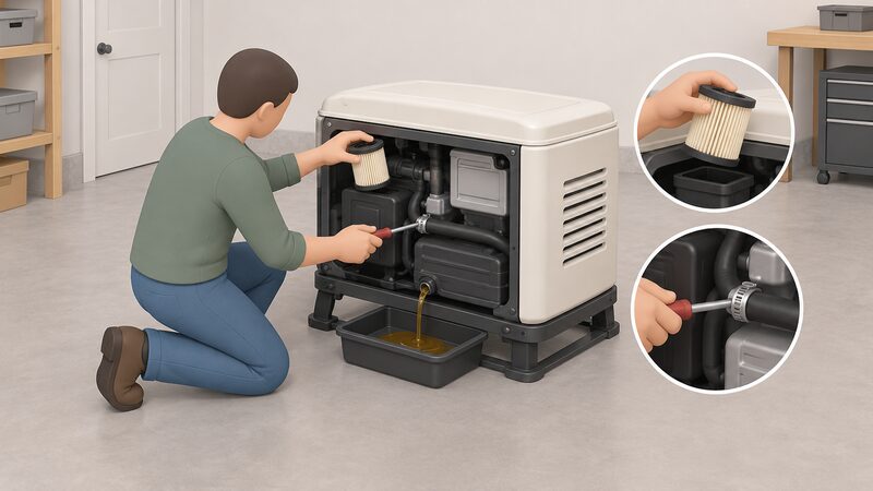 A small home backup generator on a garage floor being serviced by a kneeling figure, with the oil drain open into a tray, an air filter lifted out and a hand checking a hose clip on a fuel hose with a screwdriver.