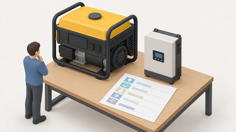 An isometric scene showing a generator standing roughly twice the size of an inverter charger beside it, with a printed load schedule sheet laid out on a table in front, plain bars and blank lines showing the household's essential loads with no readable figures.