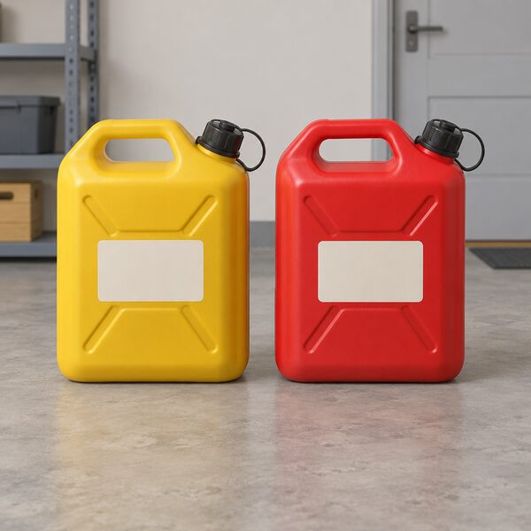 A plain yellow diesel jerry can and a plain red petrol jerry can standing side by side on a garage floor, each with a blank colour label and closed spout cap, drawn as equal-sized physical objects for a per-litre fuel comparison.