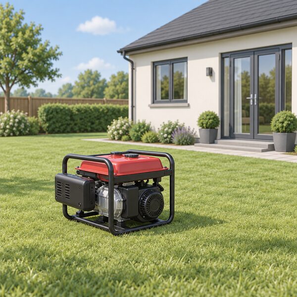 A small portable petrol generator standing on the ground in a garden, positioned well away from the house, with its exhaust side facing away from the home's closed doors and windows.