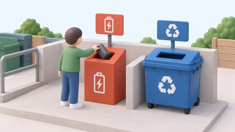 At a household waste recycling centre, a simplified person places a swollen power bank into a dedicated battery collection container set apart from a separate general recycling container, with a small sign block marking the battery point.