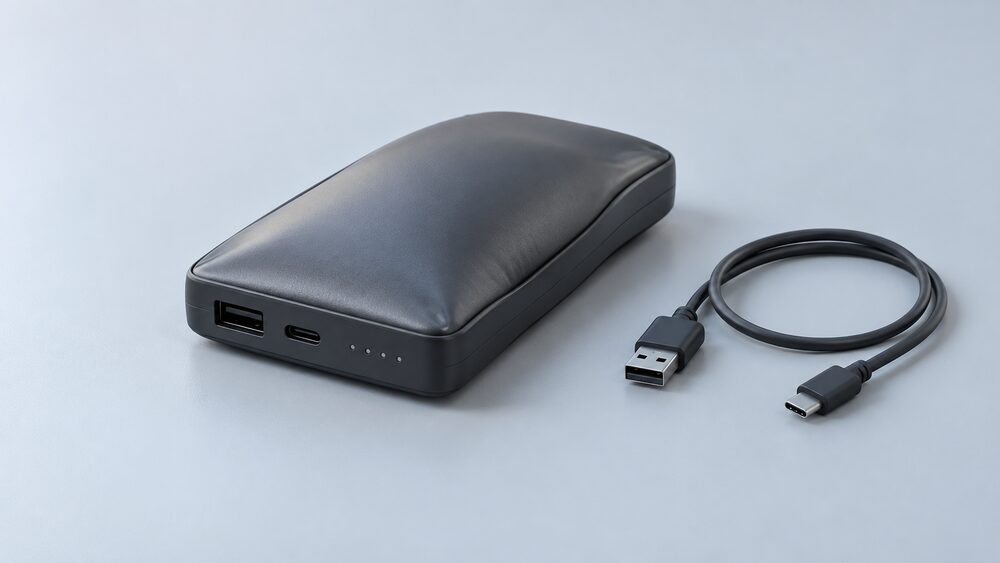 A close-up of a swollen power bank with a visibly bulging, deformed casing lying unplugged and disconnected, its charging cable lying loose beside it, placed on a cool, dry, non-combustible surface away from any living area.