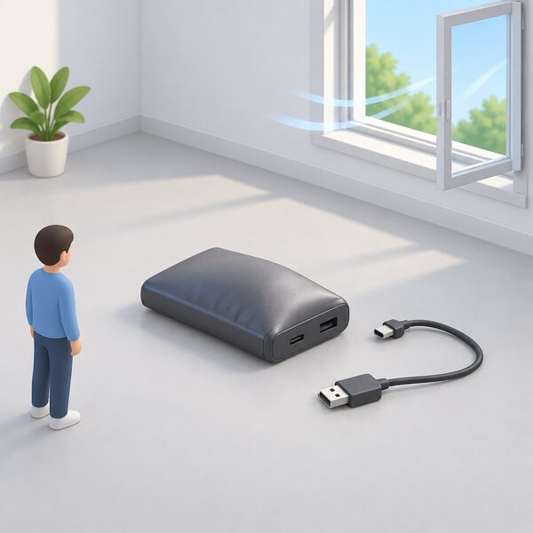 A swollen power bank lying unplugged, its charging cable loose and disconnected, resting on a bare non-combustible surface in a clear space away from furniture, curtains and other combustible items, with a window open to ventilate the room.