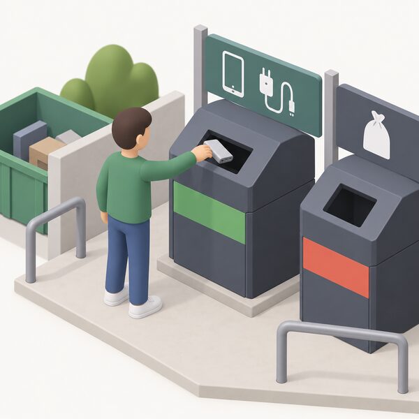 A person at a household recycling site hands a small power bank over a WEEE electrical waste collection point, placing it into a bank of labelled recycling containers rather than a general waste bin.