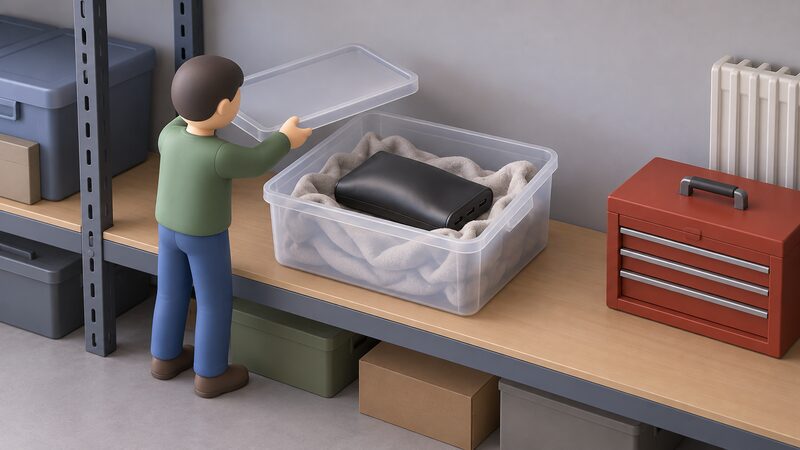 A swollen power bank lying loosely wrapped in soft cloth inside an open rigid plastic tub set on a cool garage shelf, with a small isometric figure placing the lid loosely on top, well away from a metal toolbox and a radiator on the same shelf.