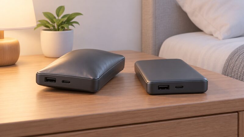 Two power banks lying side by side on a bedside table, one with a visibly bulged, warped casing that rocks and no longer sits flat, the other intact and flat, shown close up so the deformation is obvious.