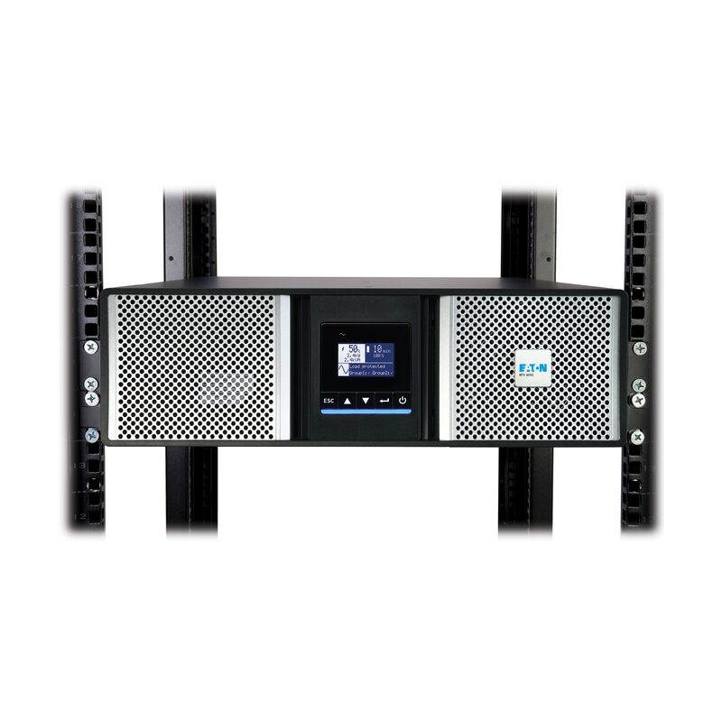 An Eaton rack-mounted UPS unit with perforated side panels and a small LCD display, fitted between server rack rails