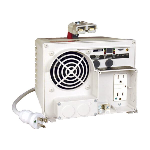 A white Eaton power inverter/UPS unit with cooling fan, AC plug and US-style socket outlet