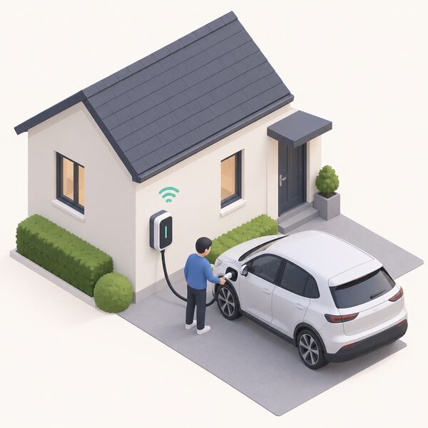 A wall-mounted electric vehicle charging point on the outside wall of a simple house, with a cable running to a parked electric car, and a small isometric figure plugging the cable in, showing an energy smart appliance that can adjust its electricity demand remotely.