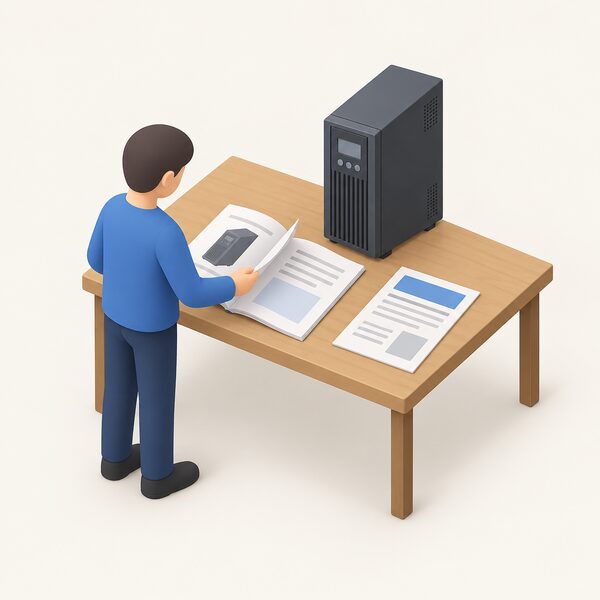 A printed user manual and a datasheet lying open on a plain wooden table beside a tower UPS unit, with a small isometric figure standing at the table turning a page of the manual, the documents shown with blank lines and plain colour blocks instead of readable text.
