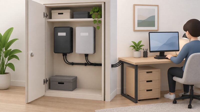 A home office cupboard with two wall-mounted uninterruptible power supply boxes side by side, one plain dark-cased unit and one lighter-cased unit, each with a blank label plate and a cable running to a desk with a computer visible through the open cupboard door.
