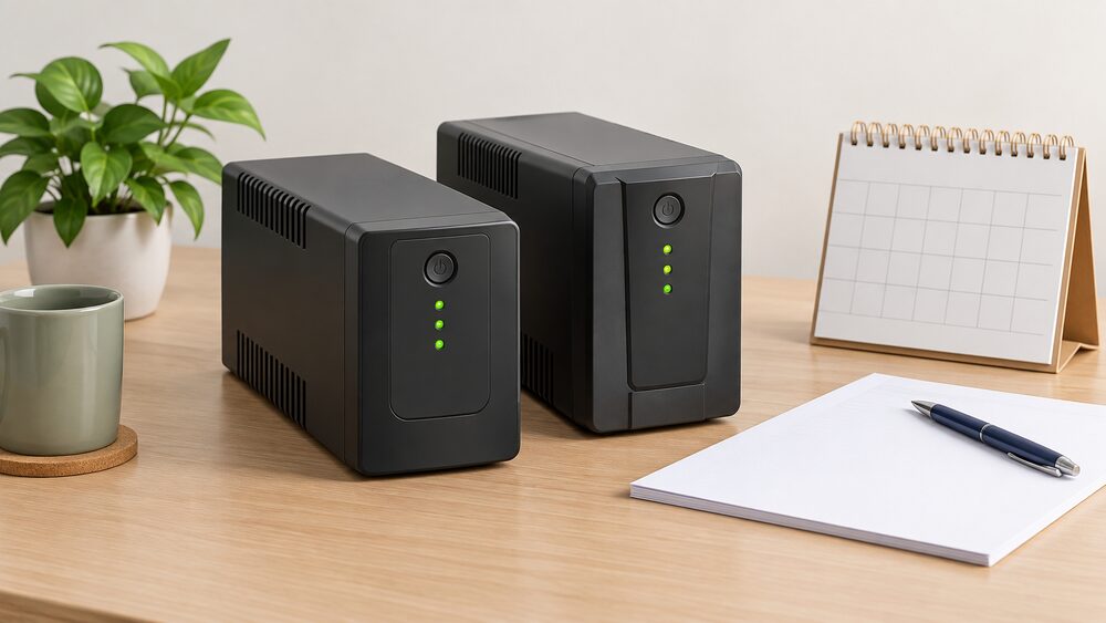 A small desktop arrangement with two compact UPS units side by side, one slightly forward, beside blank paperwork, a pen and a calendar, suggesting a householder comparing which model to buy before purchase.