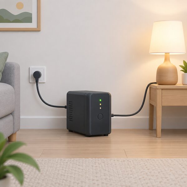 A small home UPS unit drawn as a compact box on a floor or shelf in a home, with a mains supply cable entering it from the wall and an output cable leaving it to power a household load, showing it sitting between the grid and the load.