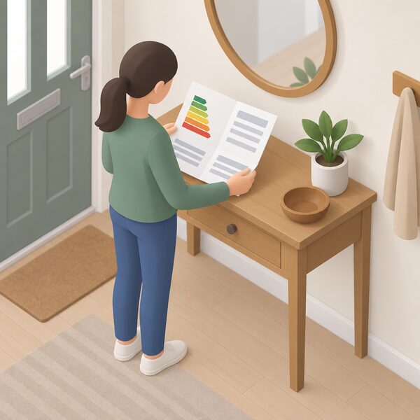 A folded EPC certificate sheet lying on a hall table in a home's entrance, held open by a simplified isometric householder, with blank line blocks standing in for the running costs figures so homes can be compared on the same basis.