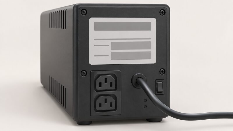 A close-up view of a small home UPS unit with its rear or base product label filling much of the frame, the label shown as a plain physical sticker with blank lines and simple blocks where the model reference and serial number would be, no readable text.