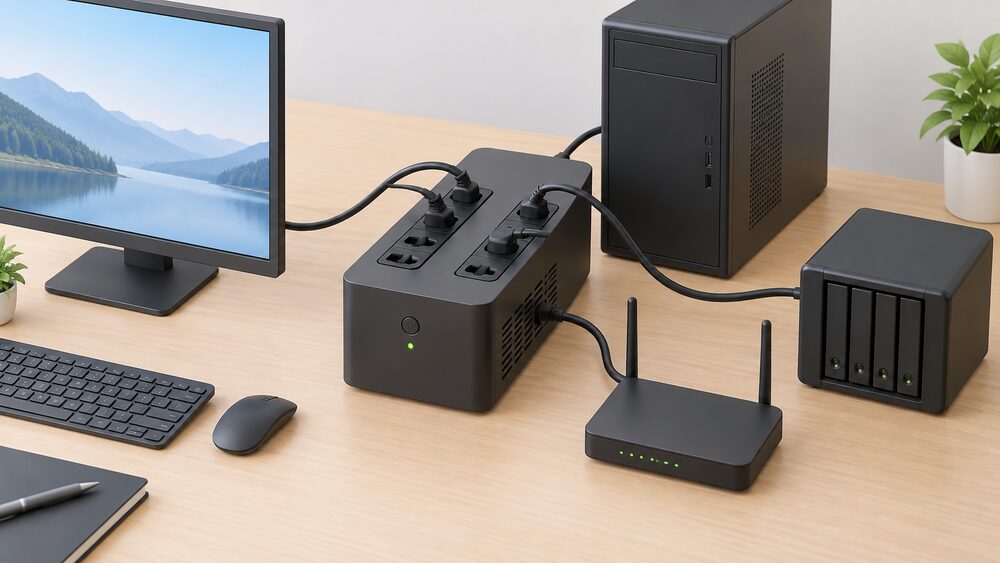 A close-up of a compact Eaton 3S Gen2 UPS box with multiple outlets standing on a desk, its sockets carrying power leads to a desktop PC, a monitor, a broadband router and a NAS enclosure beside it.